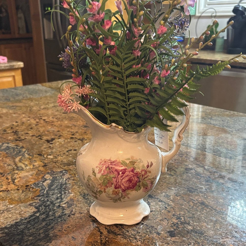 Vintage Floral Ceramic Pitcher with Pink and Green Accents